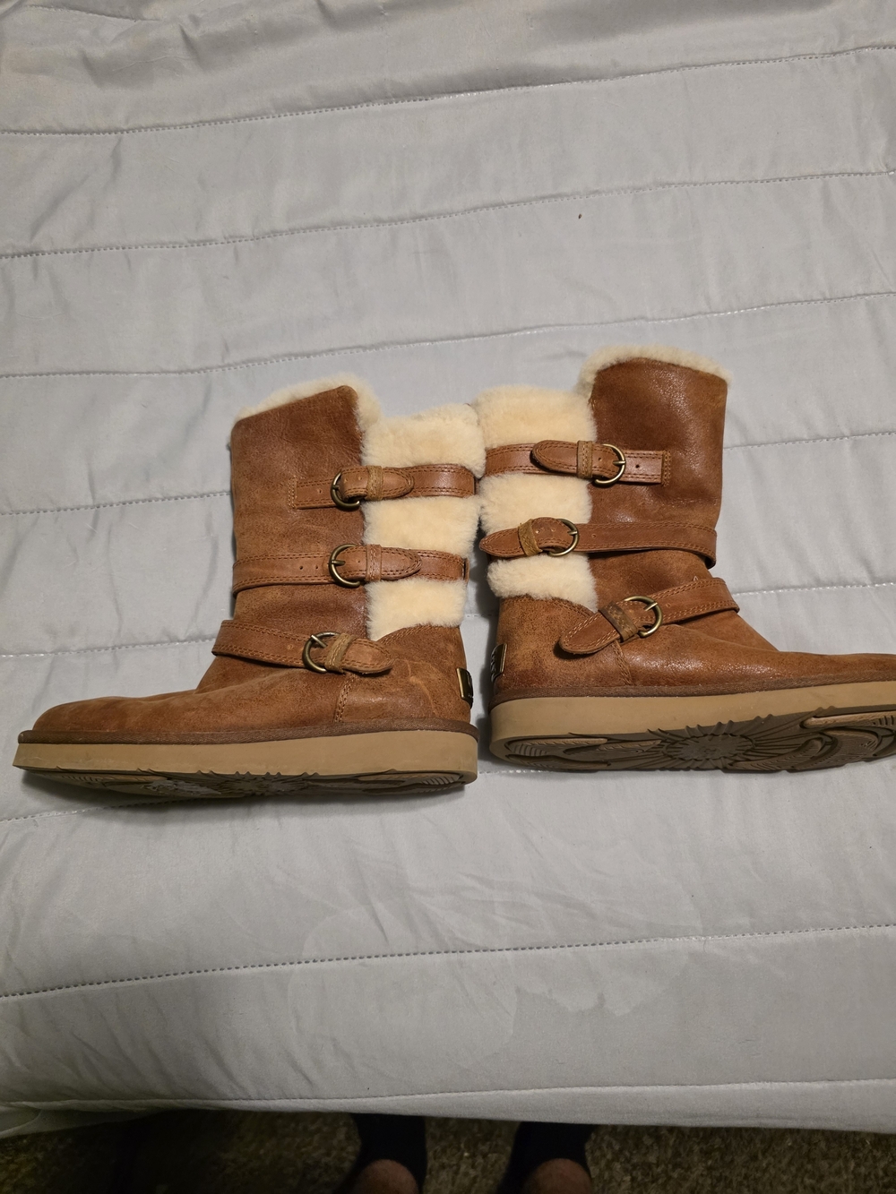 UGG Chestnut Suede Shearling Mid-Calf Buckle Boots